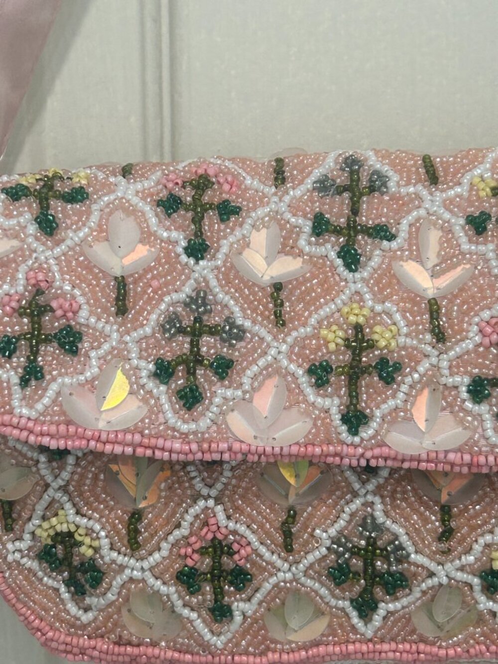 Made in India Pink & Green Garden Trellis Beaded Sequin Floral Bag New Release - Picture 3 of 10